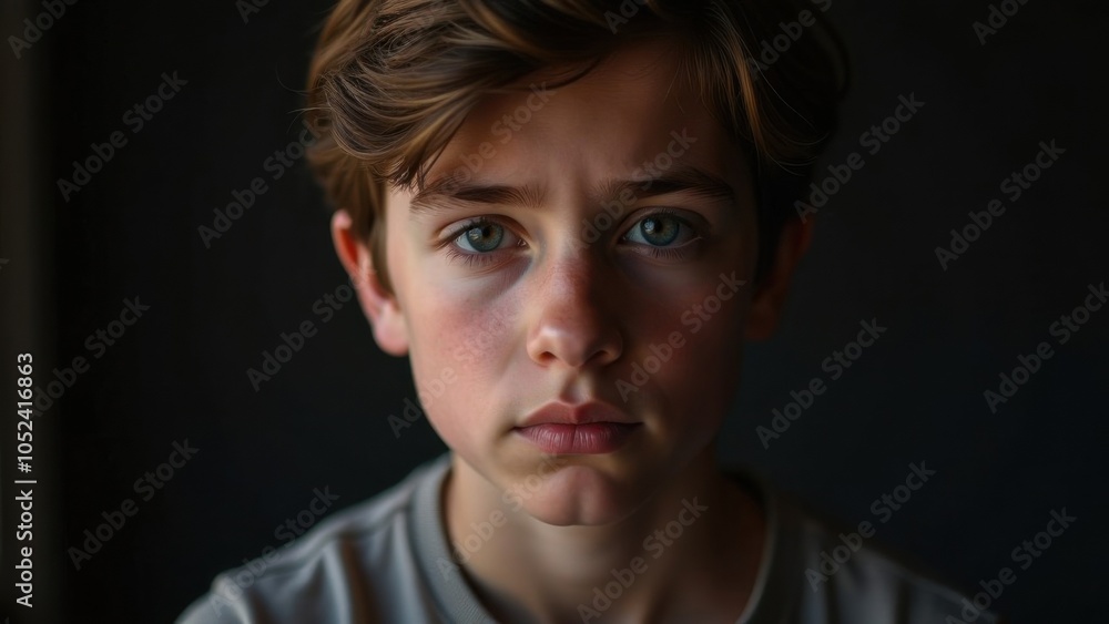 A boy with piercing green eyes stares intently at the camera in a dimly lit room, capturing a moment of deep reflection A boy with piercing green eyes stares intently at the camera in a dimly lit room, capturing a moment of deep reflection