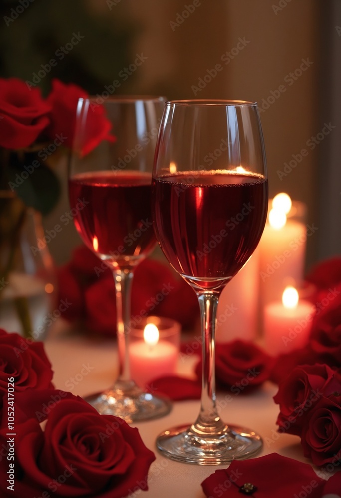 Two glasses of red wine on a romantic table setting with roses and candles