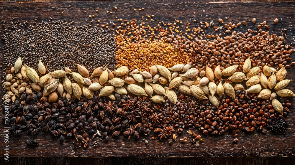 Obraz premium Artistic Arrangement of Various Seeds on Wooden Surface