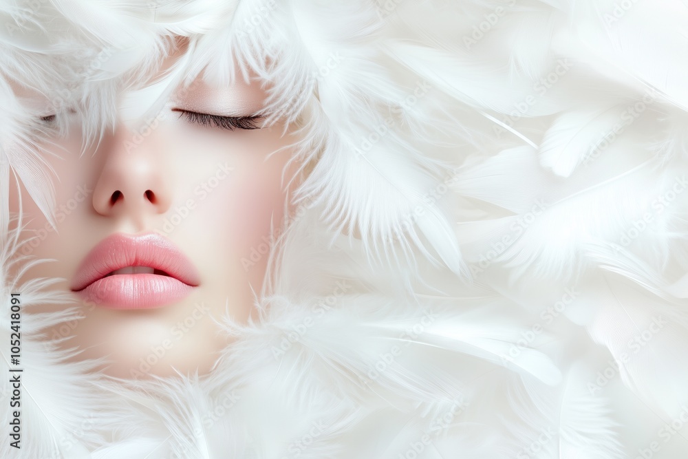 A serene woman with angel wings surrounded by soft feathers exudes calmness and focus in minimalist setting A serene woman with angel wings surrounded by soft feathers exudes calmness and focus in minimalist setting