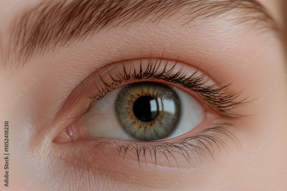 Obraz premium Natürliche detaillierte Nahaufnahme eines ungeschminkten weiblichen Auges mit Iris und Wimpern, Konzept für Schönheit und Gesundheit