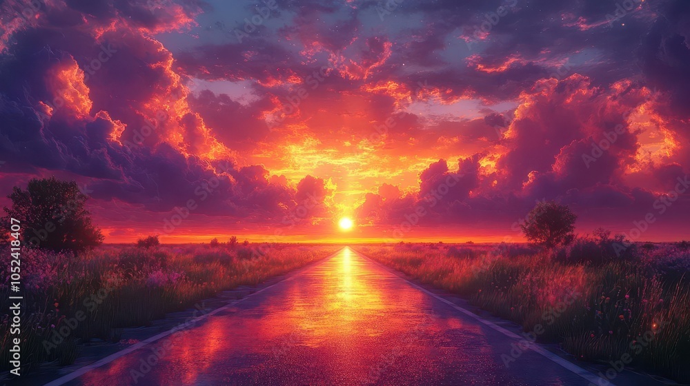 twilight casts a magical glow over a quiet, expansive asphalt road, framed by a breathtaking sky filled with deep oranges and purples. the scene evokes a sense of peace and reflection twilight casts a magical glow over a quiet, expansive asphalt road, framed by a breathtaking sky filled with deep oranges and purples. the scene evokes a sense of peace and reflection