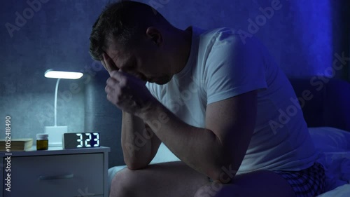 Man sitting on bed suffering from insomnia. Depressed and tired man in bed with migraine or headache. Health problem, insomnia or panic attack