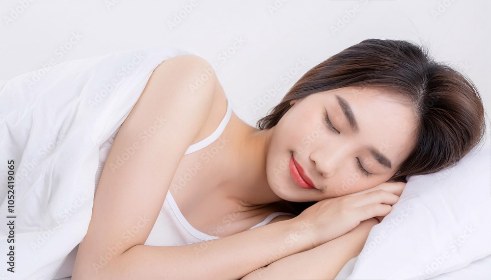 Obraz premium A pretty woman sleeping with white bedding-happiness time