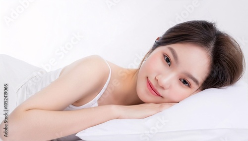 A pretty woman smiling with white bedding-happiness time.