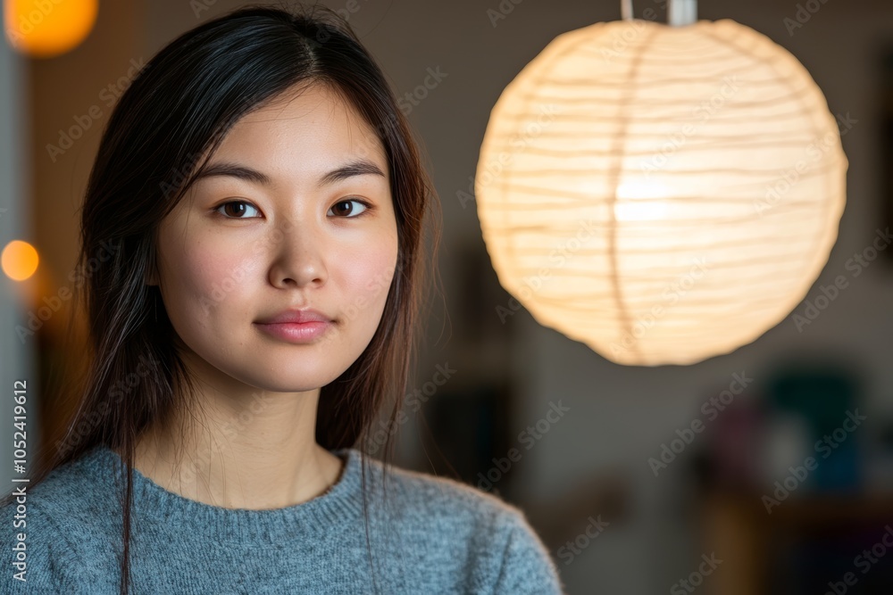 Naklejka premium 部屋の明かりの近くで考え込む女性のポートレート