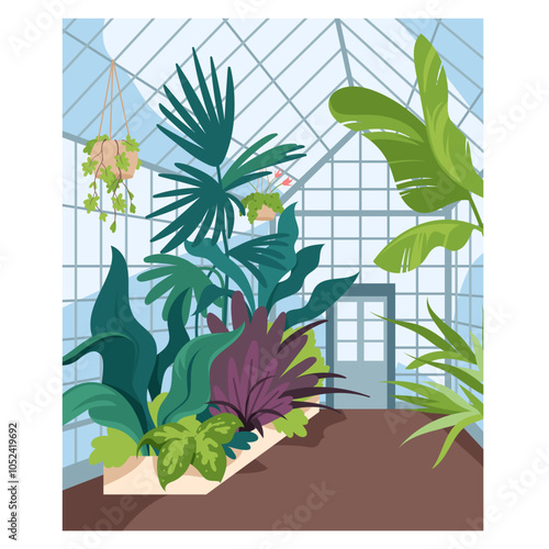 Botanical garden interior with tropical nature, rainforest plants and trees, glass walls. Eco greenhouse entrance with door, jungle greenery growing at aisle indoor cartoon vector illustration