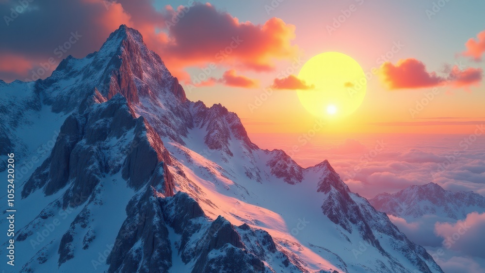Abstract 2D mountain with sun artwork, combining geometric shapes and warm hues for a peaceful, stylish look. Abstract 2D mountain with sun artwork, combining geometric shapes and warm hues for a peaceful, stylish look.