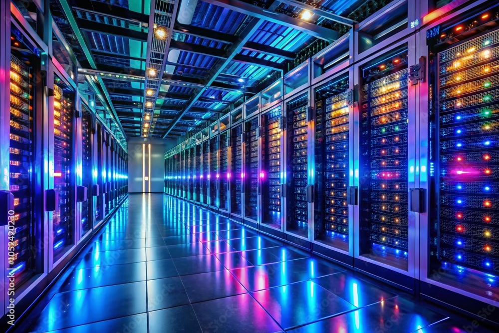 Long Exposure of a High-Tech Server Room with Rows of Servers Illuminated by LED Lights for Data Centers Long Exposure of a High-Tech Server Room with Rows of Servers Illuminated by LED Lights for Data Centers