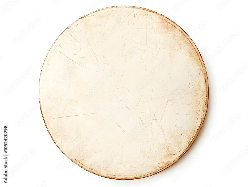 A plain, round surface with a worn texture, suitable for serving or displaying food. A plain, round surface with a worn texture, suitable for serving or displaying food.