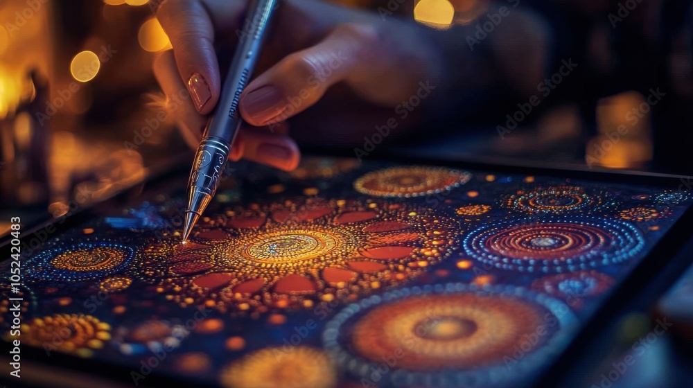 Vibrant Mandala Art on Digital Tablet at Night Vibrant Mandala Art on Digital Tablet at Night