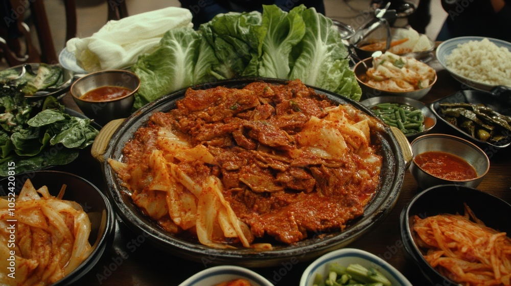 Delicious Korean BBQ Spread with Fresh Vegetables Delicious Korean BBQ Spread with Fresh Vegetables