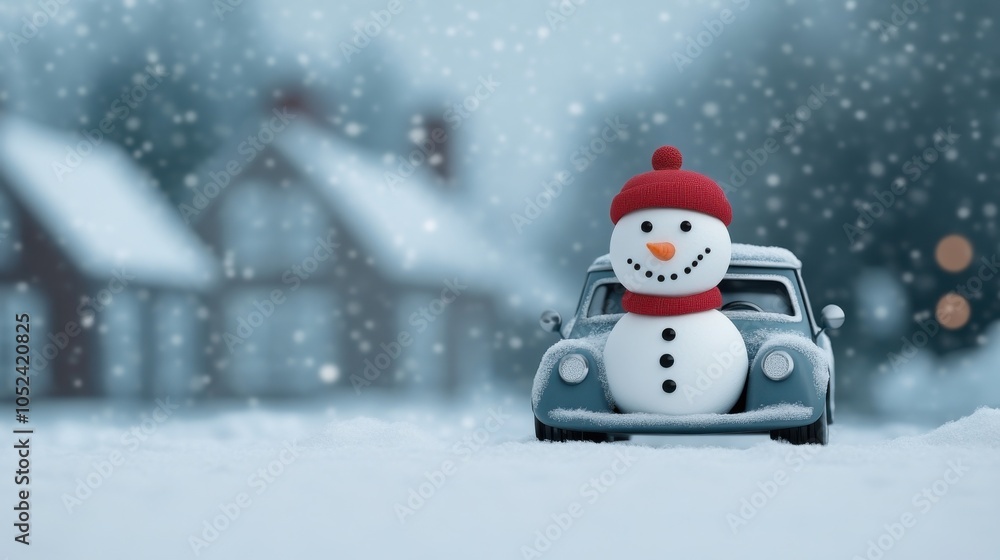 Fototapeta premium Cartoon Car with Snowman Amidst Winter Scene