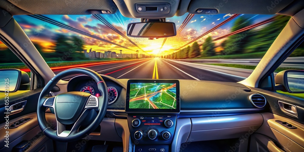 Long Exposure of GPS Satellite Navigation System Displaying Route on Screen with Motion Blur Effects for Enhanced Long Exposure of GPS Satellite Navigation System Displaying Route on Screen with Motion Blur Effects for Enhanced