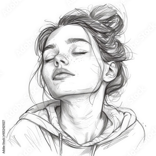 A young woman displays a peaceful expression with her eyes closed, her hair casually styled, and dressed in a cozy hoodie, exuding calm and tranquility