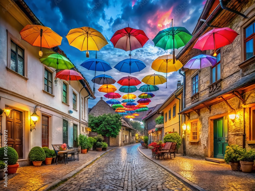 Obraz premium Long Exposure of Rustic Szigliget Old Town with Colorful Umbrella Decoration for Stunning Visuals