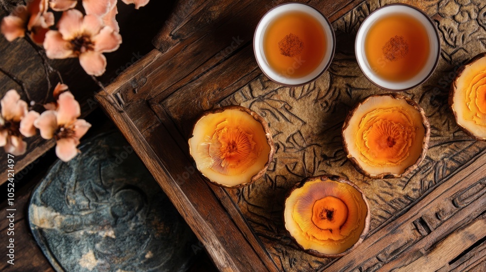 Delicate tea and floral arrangement on wooden tray Delicate tea and floral arrangement on wooden tray