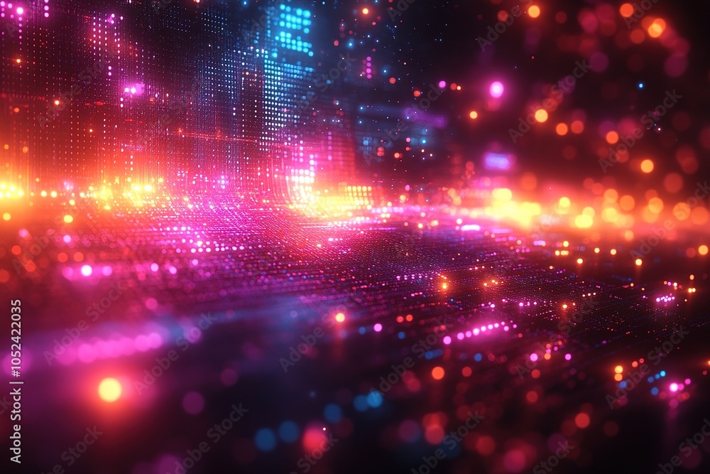 Fototapeta premium Abstract digital background with glowing particles and bokeh effects.
