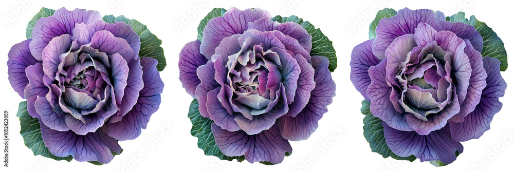 Obraz premium Set of A purple cabbage flower, top view, against a isolated on a transparent background cutout, PNG file