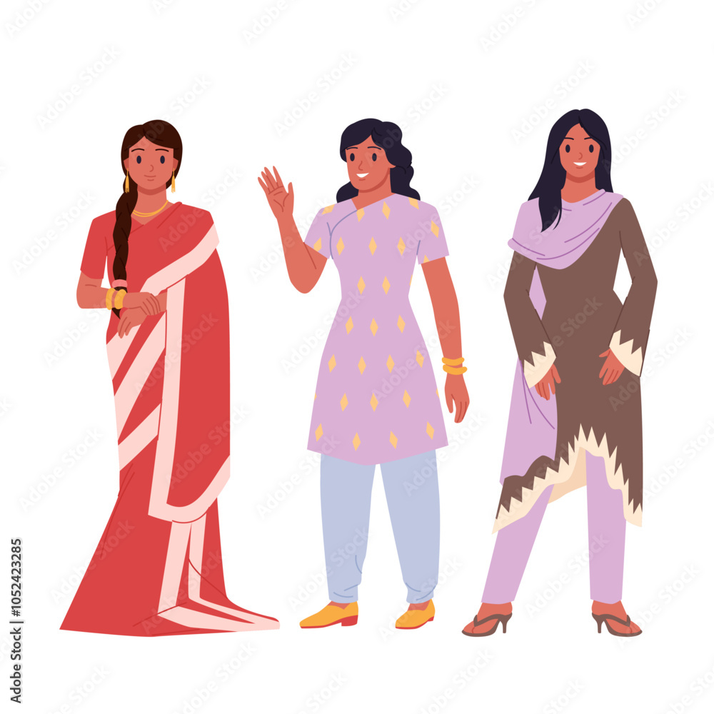 Indian women in traditional red saree and modern fashion clothes standing with smiles together. Group portrait of three pretty female characters smiling and waving cartoon vector illustration Indian women in traditional red saree and modern fashion clothes standing with smiles together. Group portrait of three pretty female characters smiling and waving cartoon vector illustration