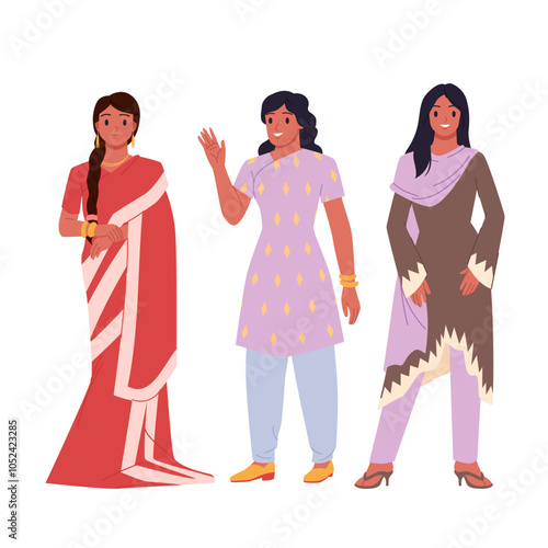 Indian women in traditional red saree and modern fashion clothes standing with smiles together. Group portrait of three pretty female characters smiling and waving cartoon vector illustration