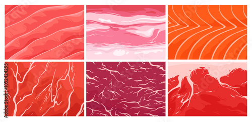 Meat and fish textures set, game assets and pattern collection of macro structures. Salmon fillet and marble red beef steak, pork with layers of fat, aged sirloin cut cartoon