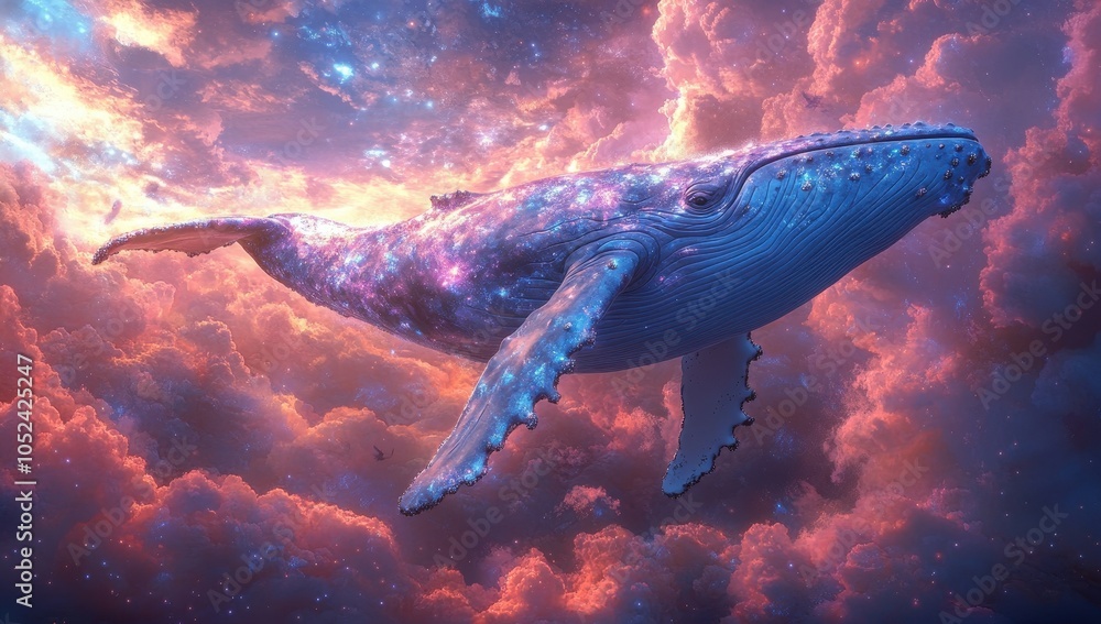 Naklejka premium Humpback Whale Soaring in Sky with Dreamy Clouds – Fantasy Art with Pink and Blue Hues in Hyper-Realistic Aesthetic