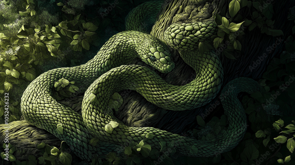 Fototapeta premium 2025 is the Year of the Green Wooden Snake. Intricately Carved Green Wooden Snake in Lush Forest – Detailed Scales and Realistic Wood Texture in Natural Leafy Surroundings with Playful Lighting Effect