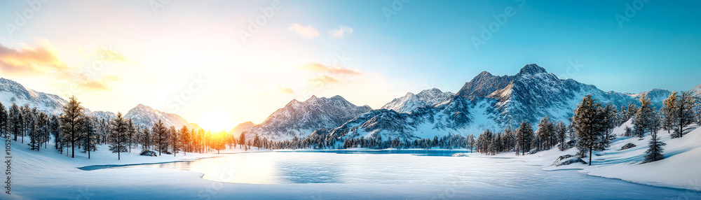 A stunning winter landscape featuring snow-covered mountains, a frozen lake, and a vibrant sunrise illuminating the serene environment. A stunning winter landscape featuring snow-covered mountains, a frozen lake, and a vibrant sunrise illuminating the serene environment.