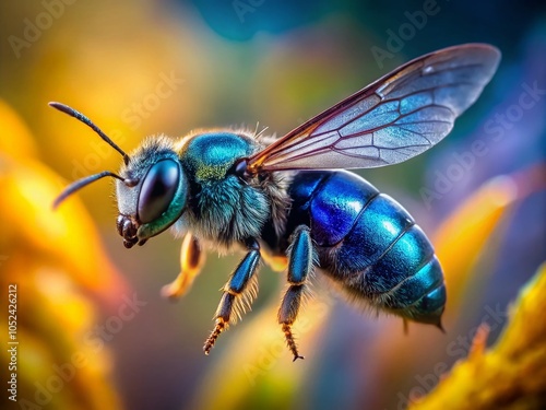 Macro Photography of a Metallic Blue Bee in Flight with Copy Space for Nature and Insect Lovers