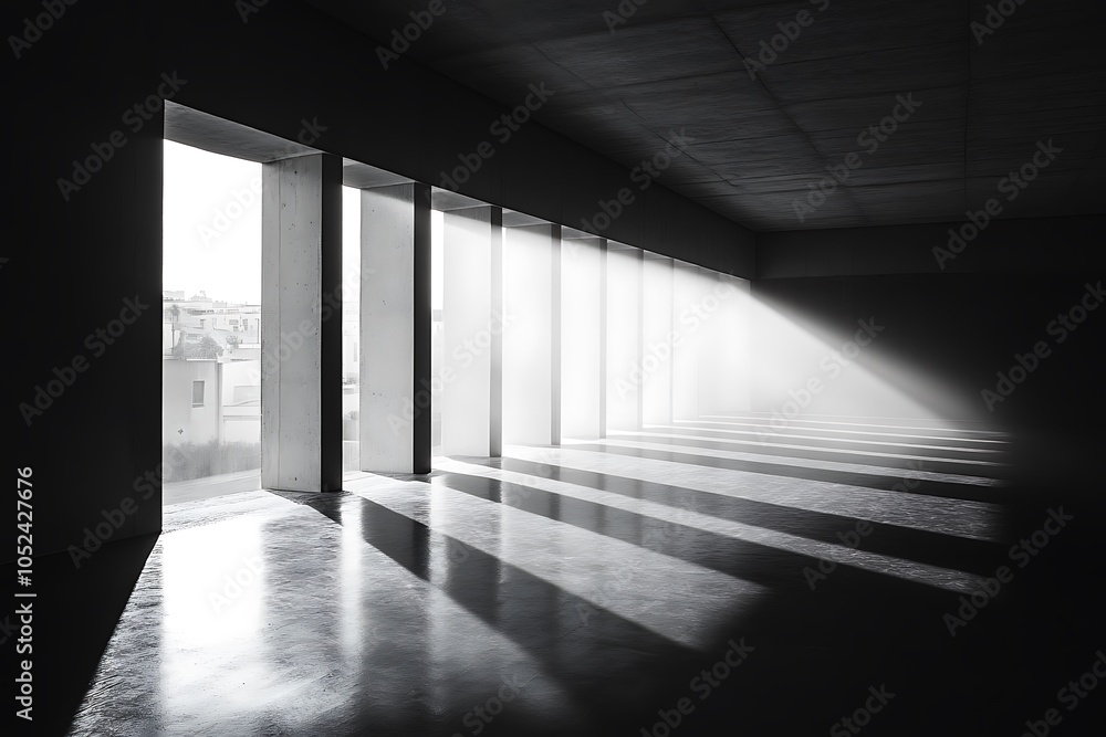 Fototapeta premium Black and white image of a modern minimalist interior with sunlight