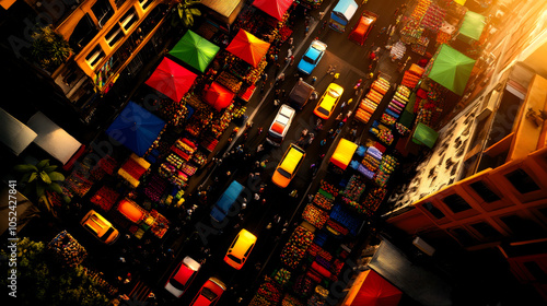 Aerial view of a vibrant market bustling with colorful tents and busy streets, showcasing a lively urban environment during golden hour.