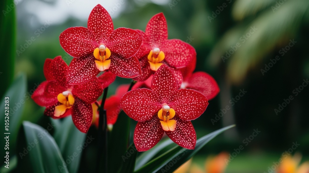 Vibrant Red and Yellow Orchids in Tropical Setting Vibrant Red and Yellow Orchids in Tropical Setting