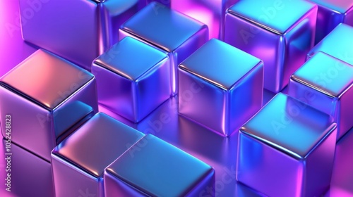 Dynamic display of glossy cubes in blue and purple hues.