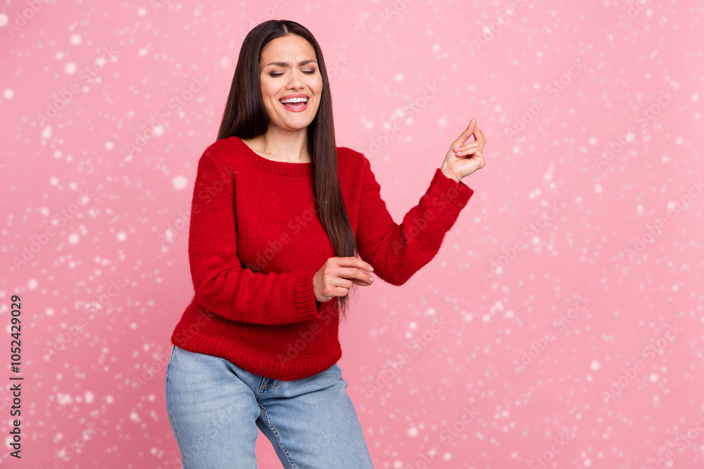 Fototapeta premium Photo of funny brunette lady dance wear red pullover isolated on pink color background