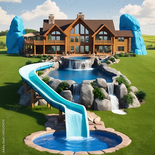 Enjoy summer fun with a waterslide at a luxury log cabin photo