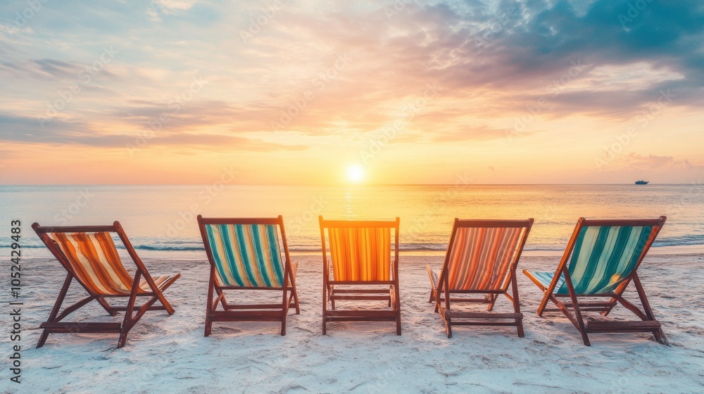Colorful Beach Chairs at Sunset by the Ocean Colorful Beach Chairs at Sunset by the Ocean