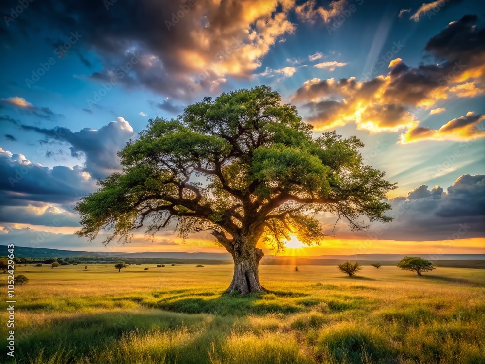 Fototapeta premium Majestic Old Tree in a Serene Field - High Dynamic Range Landscape Photography