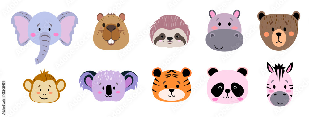 Fototapeta premium Set of cute simple animal heads - capybara, bear, monkey, zebra, sloth, koala, elephant, tiger, hippo, panda. Cartoon portrait set flat design. Vector illustration isolated