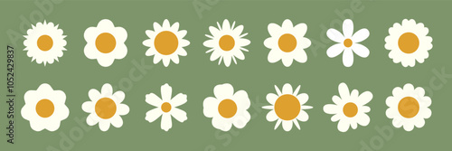 White daisy icon big set. Collection of abstract flowers, geometric shapes, top view. Chamomile daisy.  Flat style. Green olive background. Vector illustration isolated.