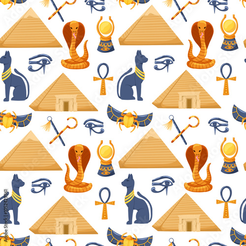 Ancient Egypt seamless pattern. Cartoon hand drawn vector ornament with ankh, cat, scarab, nekhakha, eye Horus, cobra, pyramids on white background. Egyptian symbols. Egyptian civilization background