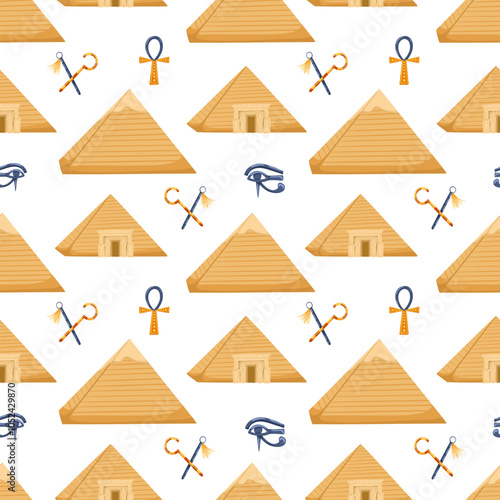 Ancient Egypt seamless pattern. Cartoon hand drawn vector ornament with ankh, pyramids, nekhakha, eye Horus on white background. Egyptian symbols. Egyptian civilization background