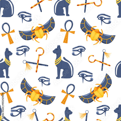 Ancient Egypt seamless pattern. Cartoon hand drawn vector ornament with ankh, cat, scarab, nekhakha, eye Horus on white background. Egyptian symbols. Egyptian civilization background