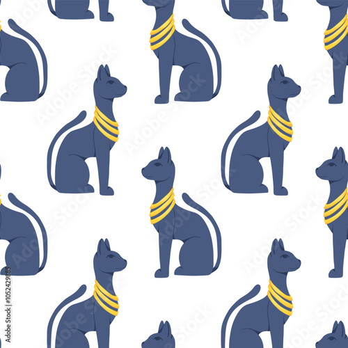 Ancient Egypt seamless pattern. Cartoon hand drawn vector ornament with cats on white background. Egyptian symbols. Egyptian civilization background