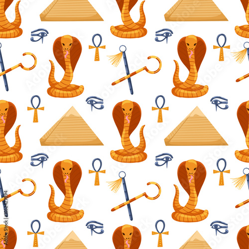Ancient Egypt seamless pattern. Cartoon hand drawn vector ornament with ankh, nekhakha, eye Horus, cobra, pyramids on white background. Egyptian symbols. Egyptian civilization background