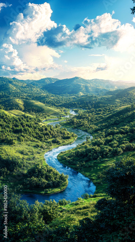 Breathtaking river winds through lush green hills under a vibrant blue sky filled with fluffy clouds, capturing the beauty of untouched nature in a serene environment.