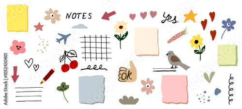 Note paper and cartoon cute stickers. Elements for planner, home bulletin board. Backgrounds with space for text, schedule, reminders, to-do list. Vector illustration all elements isolated