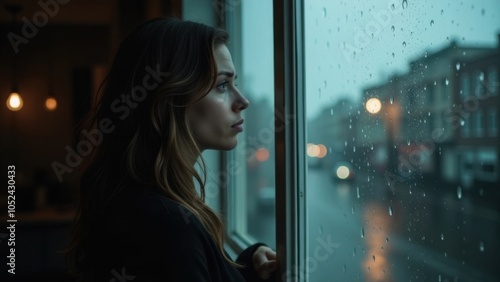 A woman gazes thoughtfully out a window as rain falls steadily in a quiet urban neighborhood during dusk