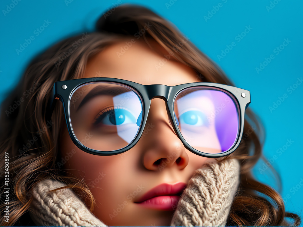 close-up of a young girl with glasses and a cozy scarf against a blue background, highlighting their thoughtful expression close-up of a young girl with glasses and a cozy scarf against a blue background, highlighting their thoughtful expression