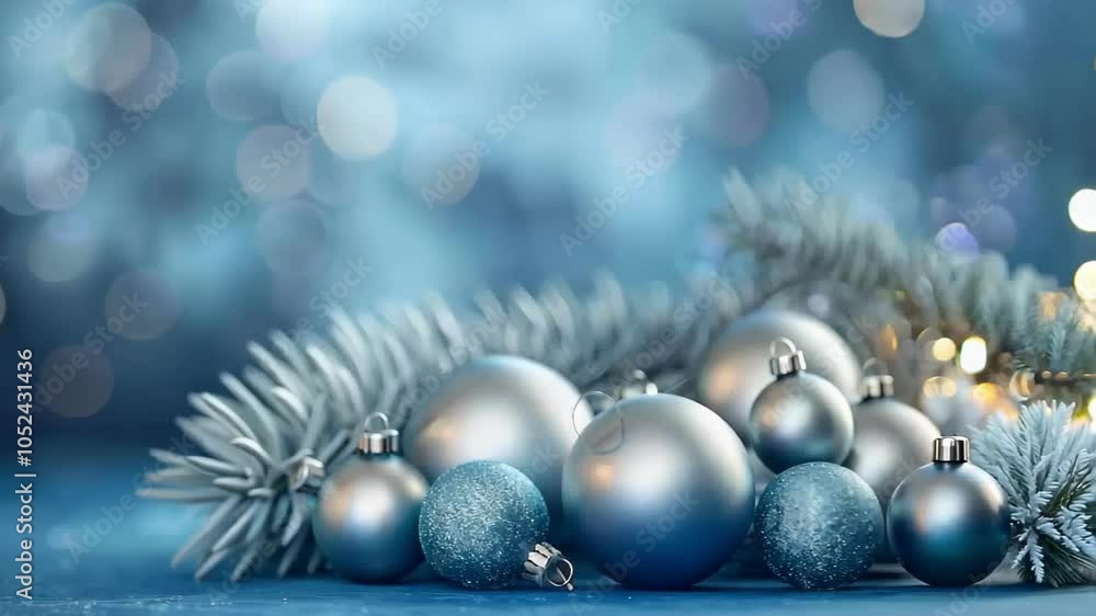 A blue background with a bunch of silver and blue Christmas ornaments. Scene is festive and joyful A blue background with a bunch of silver and blue Christmas ornaments. Scene is festive and joyful